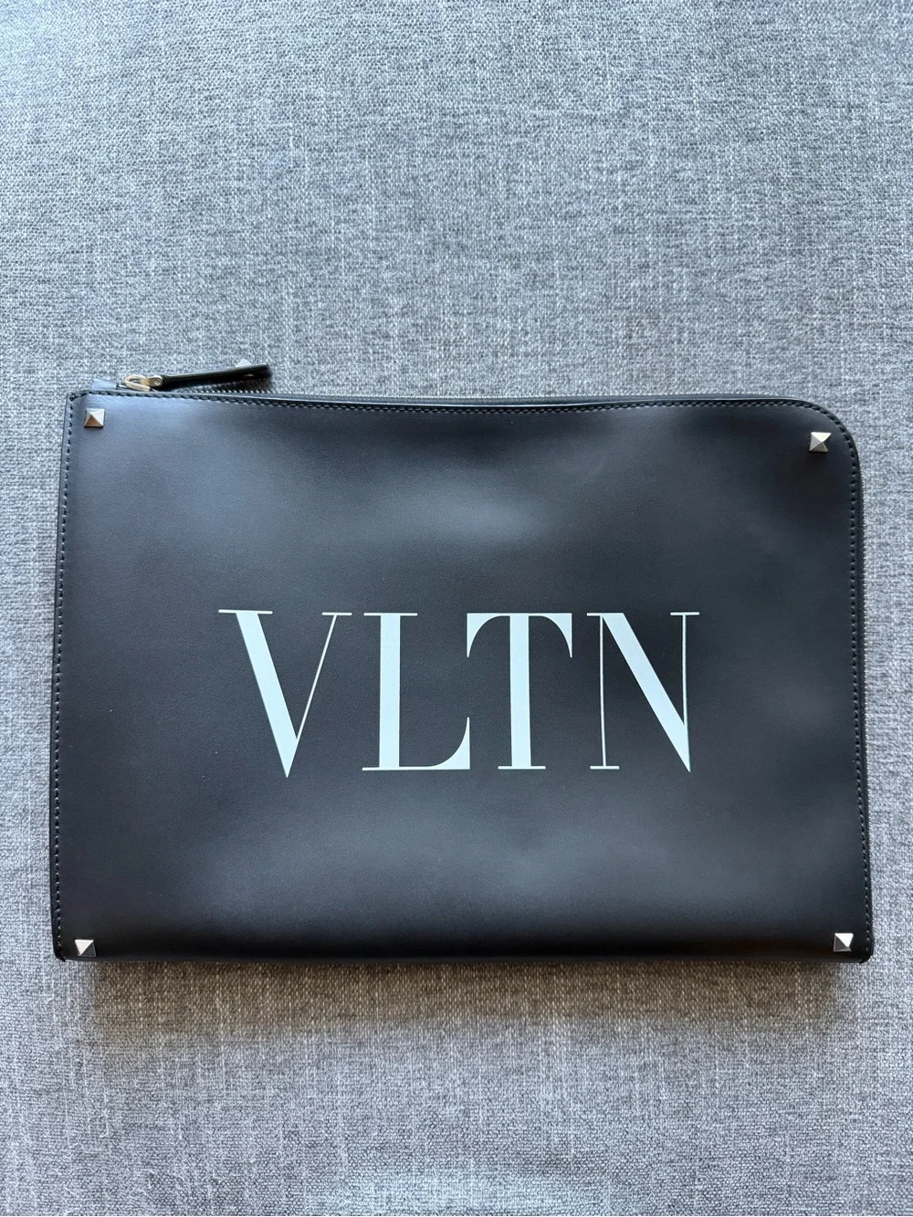 Valentino Garavani VLTN Black Leather Zip Pouch with Stud Accents